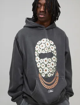 Herren Oversized Herren Gänseblümchen Skimaske Printed Hoodie Sweatshirt Washed Charcoal Größe Small - boohooMAN - FashionsVida