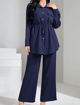 Conjunto de 2 piezas con camisa de bolsillo con solapa y cintura con cordón & pantalones de pierna ancha, modesto M - Shein - FashionsVida
