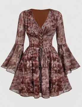 Vestido mini de mujer de talla grande con estampado vintage, vestido casual con cuello en V, cordón ajustable en la cintura y mangas acampanadas, ade - Shein - FashionsVida