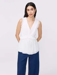 Pure Cotton V-Neck Lace Detail Peplum Top White female