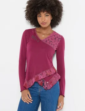 Women's V Neck Jersey Top With Floral Printed Trim in Pink Size: 18 - Pink - Size: 18 - Joe browns - FashionsVida