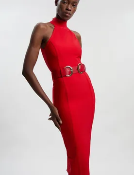 Womens Bandage High Neck Buckle Trim Midi Dress - Red - Size 14 Uk - Karen millen - FashionsVida