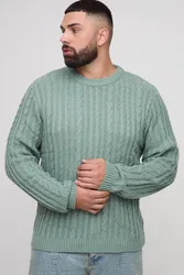 Herren Plus Basic Regular Fit Zopfstrick-Pullover Sage Größe 2XL