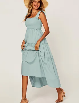Women's Smocked Frill Strap Tiered Midi Dress in Duck Egg Blue Size: Large - Duck Egg Blue - Size: L - FS Collection - FashionsVida