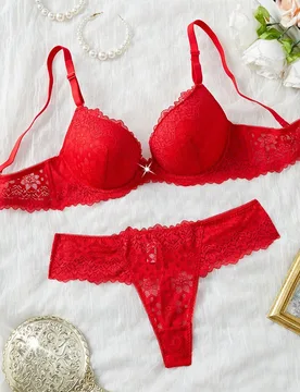 Set de 2 piezas de lencería con sujetador con aros y pantie con encaje para el Día de San Valentín para mujeres 75B - Shein - FashionsVida