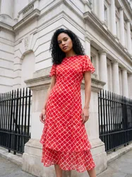 Women's Check Burn Out Ruffle Midi Dress in Red Size: 20 - Red - Size: 20