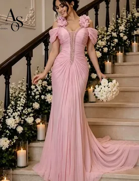 Gorgeous Pink Deep V Strap Design, Embellished with Tiny Diamonds, a Fitted Pleated Waist and a Floor-Length A-Line Evening Gown - Aliexpress - FashionsVida