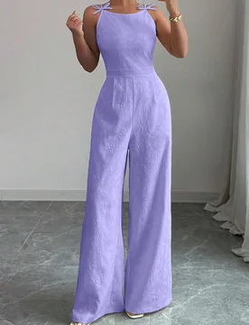 Mono elegante de mujer con decoración de lazo en el hombro, tela de jacquard, cintura ceñida, pierna ancha, adecuado para el uso diario XL - Shein - FashionsVida