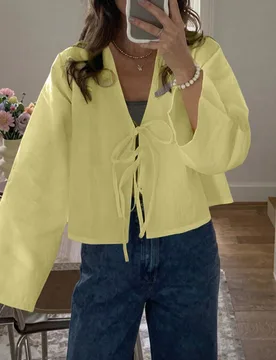 Blusa elegante y casual francesa de manga larga con cordones delanteros y corte holgado para mujer, tela de otoño, amarillo pálido, para brunch y va - Shein - FashionsVida