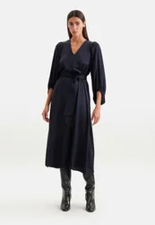 Satiniertes Blusenkleid mit V- Ausschnitt Blau 52