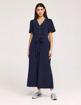 Crepe Tie Waist Short Sleeve Wide Leg Jumpsuit Navy female - Finery London - FashionsVida