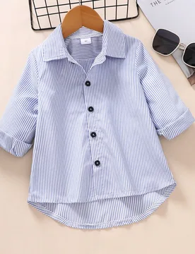 Blusa de manga larga con cuello y rayas para niñas, (Talla 4-7 años), Adecuada para uso casual diario, ropa de vacaciones al aire libre, Primavera/V - Shein - FashionsVida
