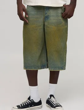Mens Longline Tinted Denim Jorts - Green Cotton - Size 42 - boohooMAN - FashionsVida