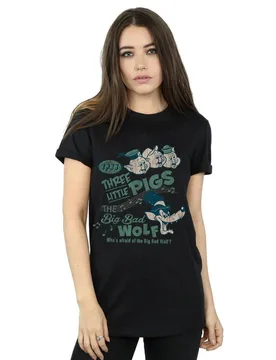 Women's Three Little Pigs Who´s Afraid Of The Big Bad Wolf Cotton Boyfriend T-Shirt in Black Size: Medium - Black - Size: M - Disney - FashionsVida