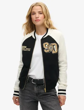 Superdry Damen Schwarz und Weiß College Bomberjacke aus Jersey mit Grafik Farbblock, Größe: 36 - 99.99 - FashionsVida