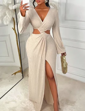Bata elegante de mujer Amarilo de unicolor, de alta elasticidad, con cuello en V y bajo asimétrico con abertura alta, adecuada para el uso diario y l - Shein - FashionsVida