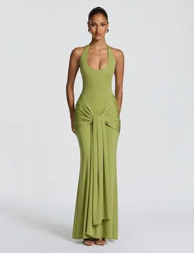 Vestido de fiesta con cuello halter y cintura fruncida, vestido de cóctel, vestido de gala, vestido largo formal de sirena, vestido de invitada de bo - Shein - FashionsVida