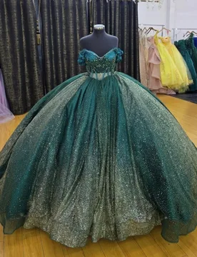 Shiny Dark Green Quinceanera Dress Glitter Flower Decal off-shoulder Lace Long tail Vestidos De 15 Quinceanera ﻿Customize - Aliexpress - FashionsVida