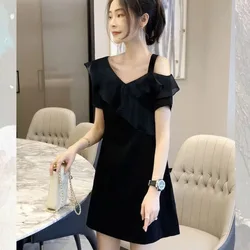 Elegant V Neck Off Shoulder Mini Dress With Ruffled Detail For Women Casual Spring Summer Style