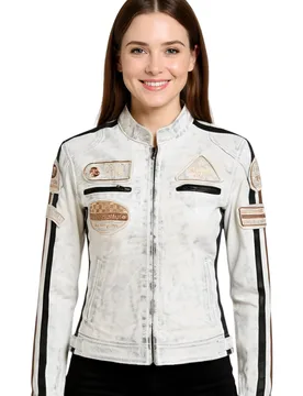 Women's Leather Biker Racing Badges Jacket-Dalby in White Size: 18 - White - Size: 18 - Infinity Leather - FashionsVida