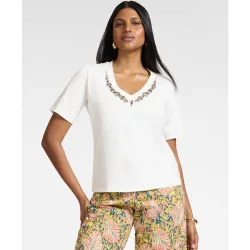 Camiseta de mujer de algodón con bordado ajuste regular y escote en v
