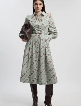 Women's Petite Chain Print Cotton Sateen Belt Detail Woven Shirt Dress Size: 12 - Multicolor - Size: 12 - Karen millen - FashionsVida