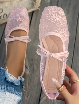 Zapatos planos de mujer con lazo y punta cuadrada, zapatos casuales de punto, zapatos de ballet casuales de talla grande, zapatos de ballet cómodos p - Shein - FashionsVida
