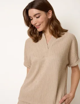 Grandad Collar Oversized Top - S / STONE - female - Blue Vanilla - FashionsVida