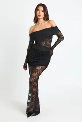Womens Lace Slinky Mix Maxi Skirt - Black - Size 8 Uk