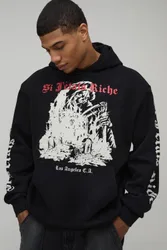 Herren Oversized Gothic Gewaschener Bedruckter Hoodie Sweatshirt Washed Black Größe Medium