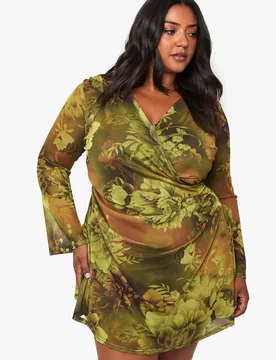 Womens Plus Floral Mesh Wrap Mini Dress - Green - Size 28 Regular (Uk Womens) - Boohoo - FashionsVida