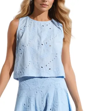 Top Donna Cyra in Cotone con Ricami Azzurro Leggero Elegante 15104193/417 - GOA GOA - FashionsVida