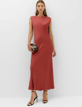 Satin Tie Detail Midi Slip Dress Rust female - M&S - FashionsVida