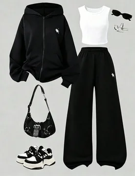 Conjunto de sudadera blanca con gráfico y cremallera, manga larga, estilo casual para adolescentes, ropa de otoño para volver a la escuela, cuello r - Shein - FashionsVida