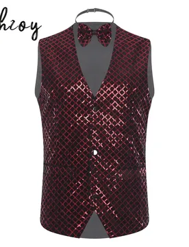 Mens 70s Disco Shiny Vest V Neck Sleeveless Pointed Hem Button-down Waistcoat with Bow Tie Party Gentleman Blazer Vest - Aliexpress - FashionsVida