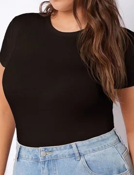 Camiseta de manga corta holgada de color liso para mujer de talla grande, top corto ajustado de verano, estilo casual, liso, para vacaciones, fiesta f - Shein - FashionsVida