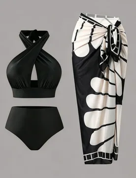 Conjunto de playa elegante de verano para mujer SwimOasis en negro, top con tirantes cruzados y calado, braguita de bikini y falda larga de malla con - Shein - FashionsVida