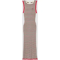 Vestido midi de punto fino con estampado de rayas y volantes