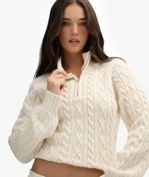 Superdry Damen Schmaler Strickpullover mit Halbem Reißverschluss und Zopfmuster Cream - Größe: 44