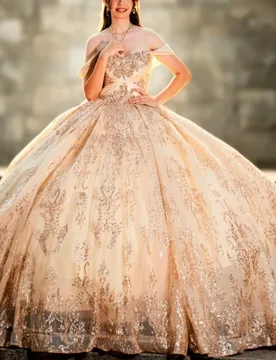 Shiny Champagne Quinceanera Dress off-shoulder Glitter Crystal Decal Long tail Bow vestidos de 15 Quinceanera ﻿Customize - Aliexpress - FashionsVida