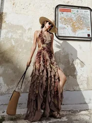 Romantic ruffled vacation-style halter dress