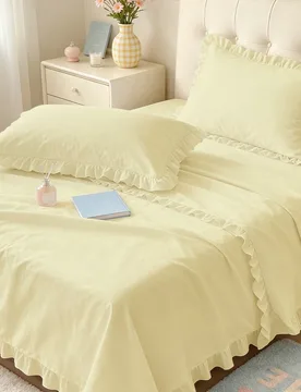 HONEYMOON Juego de ropa de cama de unicolor con volantes 3/4 piezas (3 piezas=1 sábana ajustada+1 sábana plana+1 funda de almohada, 4 piezas=1 sába - Shein - FashionsVida