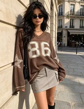 Sudadera deportiva con estampado de dígitos oversize para mujer, blusa holgada de punto elegante, estilo de pareja de verano primaveral M - Shein - FashionsVida