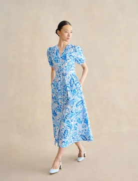 Pure Cotton Paisley V-Neck Midi Dress Blue Mix female - Hobbs - FashionsVida