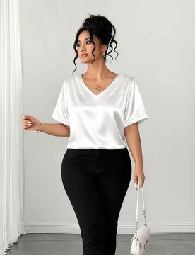 Blusa de Satén Elegante Brillante Minimalista con Cuello en V Talla Grande para Mujer, Casual de Negocios de Verano 0XL - Shein - FashionsVida