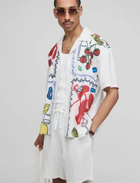 Mens Oversized Linen Blend Conversational Printed Shirt & Short Set - Natural Viscose - Size Medium - boohooMAN - FashionsVida