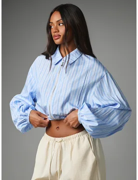 Blusa tejida a rayas con cremallera delantera, manga globo y cuello, top corto casual chic para primavera y verano S - Shein - FashionsVida