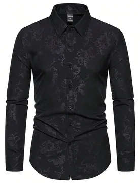 Camisa de manga larga con botones, ajuste ceñido, estampado floral jacquard para hombre, para esposo, otoño, formal S - Shein - FashionsVida