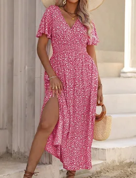Vestido corto maxi para mujer talla grande con estampado floral, mangas de murciélago y cintura fruncida, conjunto de playa para vacaciones de verano - Shein - FashionsVida