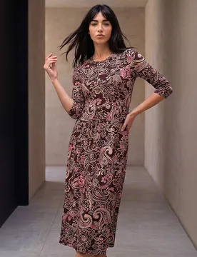 Petite Floral Round Neck Midi Dress Brown Mix female - Roman - FashionsVida